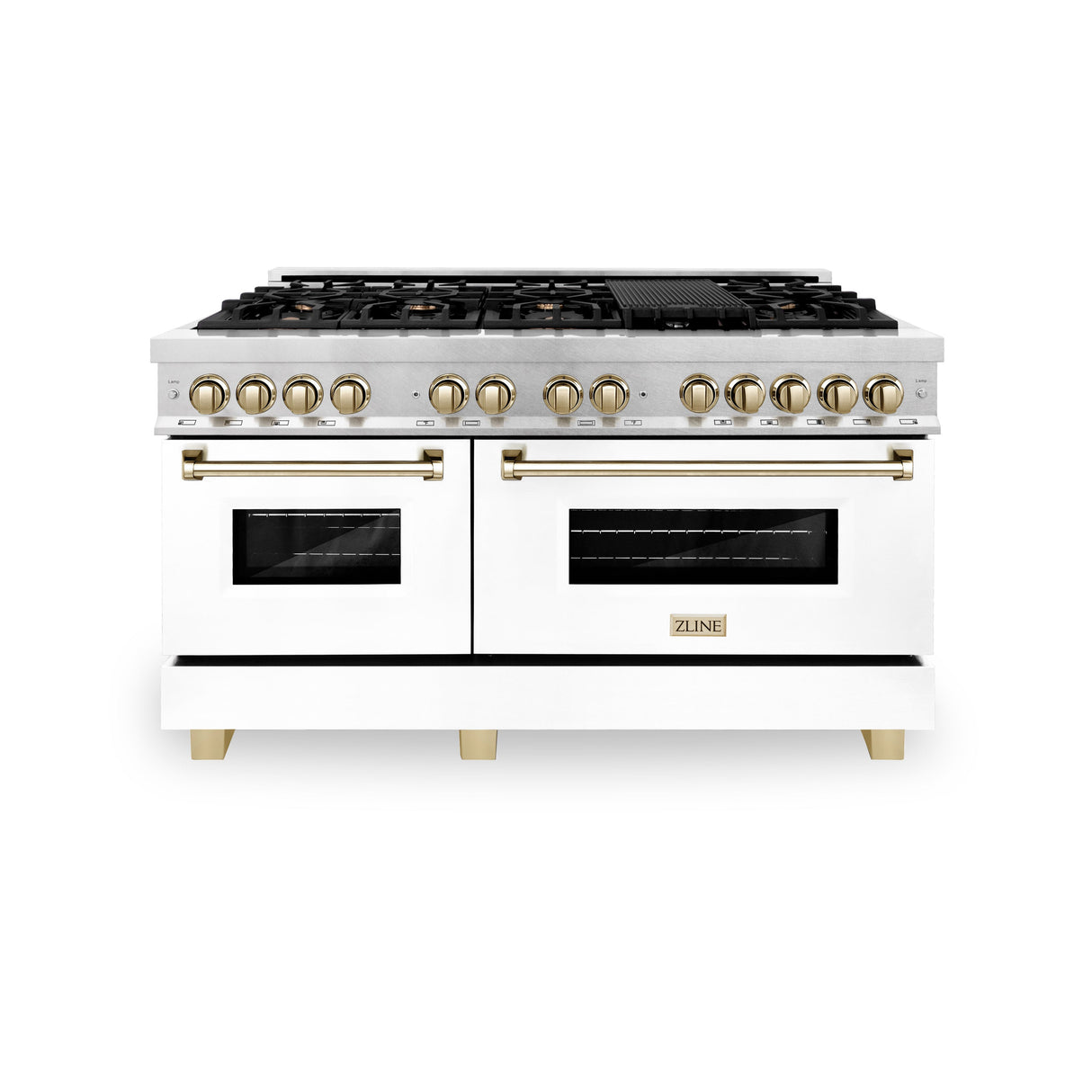 ZLINE Autograph Edition 60 in. 7.4 cu. ft. Legacy Dual Fuel Range with 9 Burner Gas Cooktop and 2 Electric Convection Ovens in Satin Stainless Steel with White Matte Doors and Polished Gold Accents (RASZ-WM-60-G)