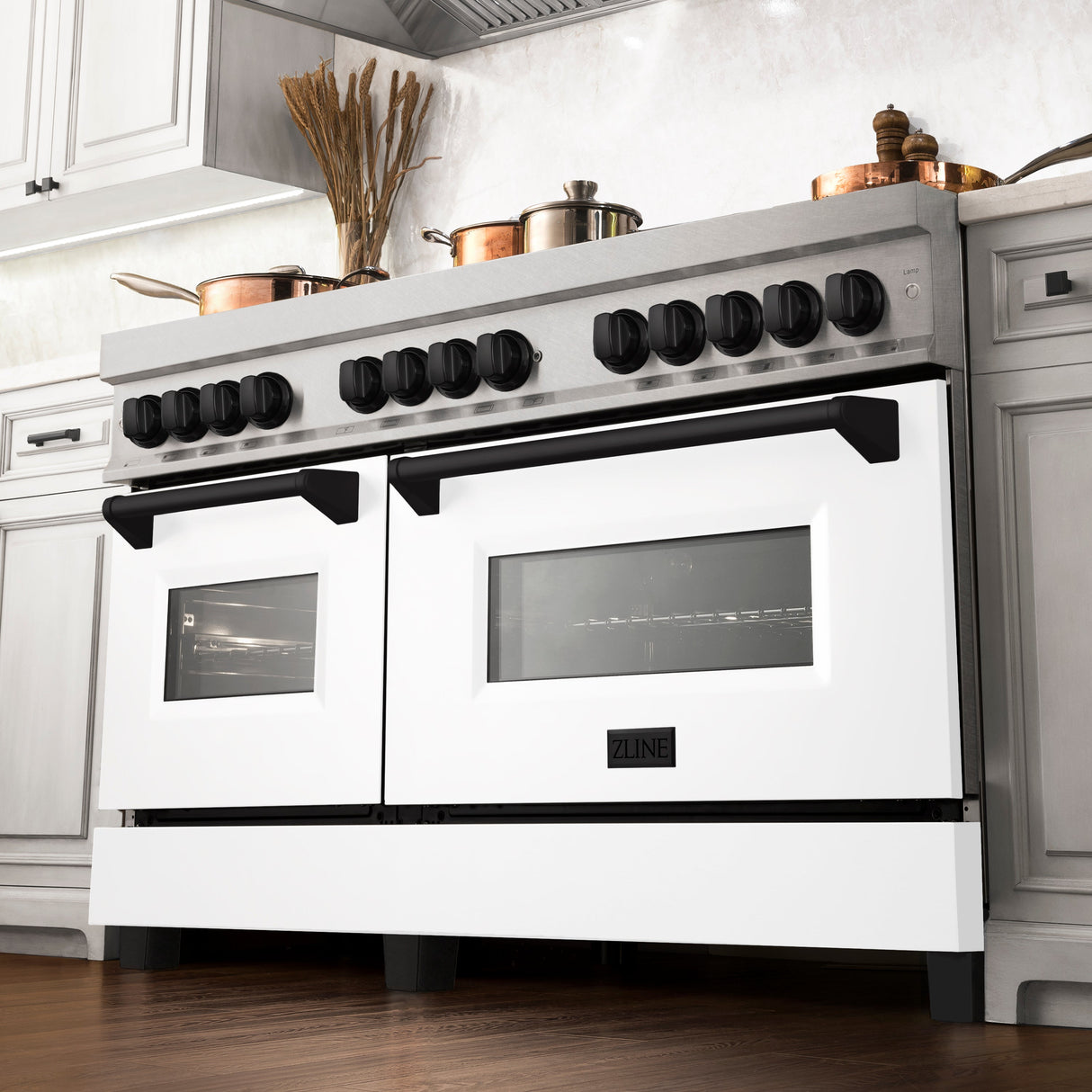 ZLINE Autograph Edition 60 in. 7.4 cu. ft. Legacy Dual Fuel Range with 9 Burner Gas Cooktop and 2 Electric Convection Ovens in Satin Stainless Steel with White Matte Doors and Matte Black Accents (RASZ-WM-60-MB)