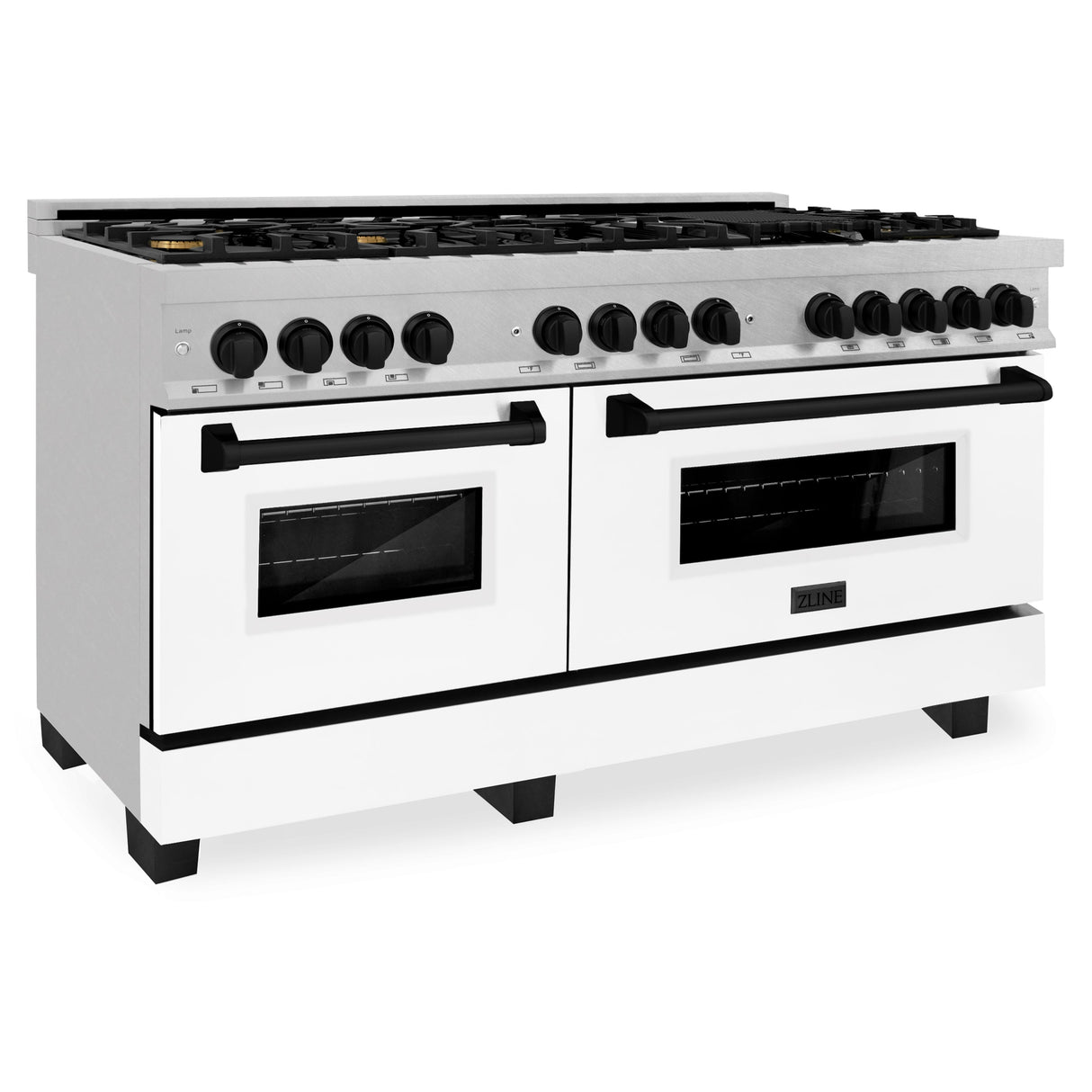 ZLINE Autograph Edition 60 in. 7.4 cu. ft. Legacy Dual Fuel Range with 9 Burner Gas Cooktop and 2 Electric Convection Ovens in Satin Stainless Steel with White Matte Doors and Matte Black Accents (RASZ-WM-60-MB)