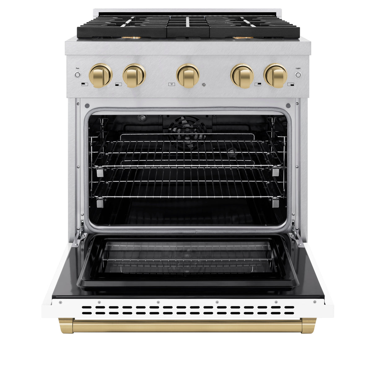 ZLINE Autograph Edition 30 in. 4.2 cu. ft. Paramount Dual Fuel Range with 4 Burner Gas Cooktop and Electric Convection Oven in Satin Stainless Steel with White Matte Door and Champagne Bronze Accents (SDRSZ-WM-30-CB)