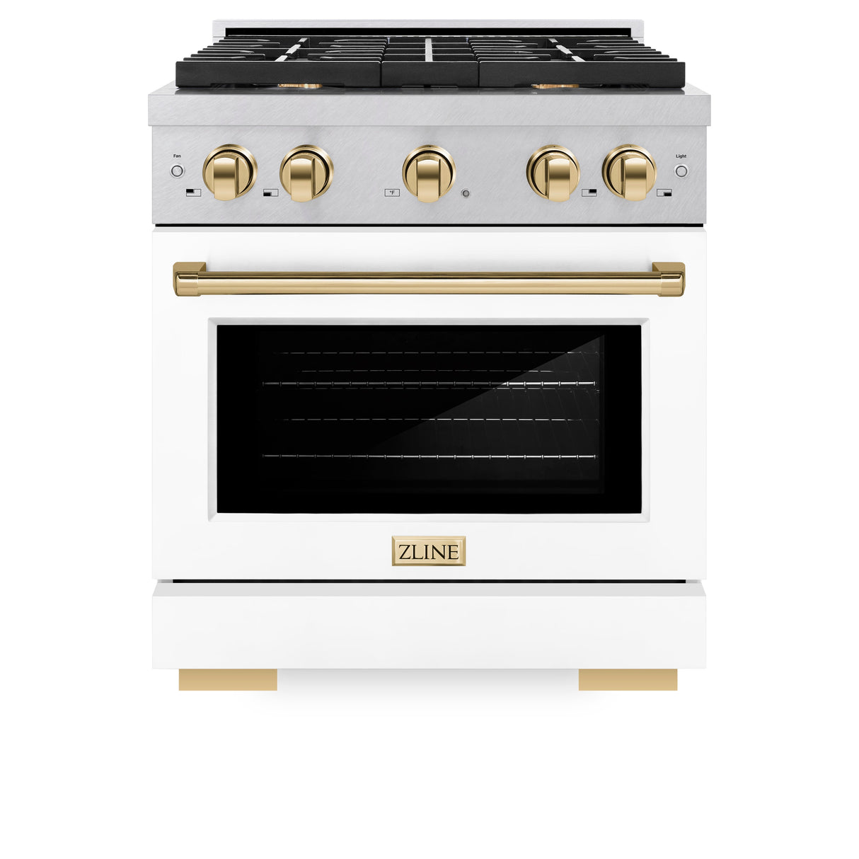 ZLINE Autograph Edition 30 in. 4.2 cu. ft. Paramount Dual Fuel Range with 4 Burner Gas Cooktop and Electric Convection Oven in Satin Stainless Steel with White Matte Door and Polished Gold Accents (SDRSZ-WM-30-G)