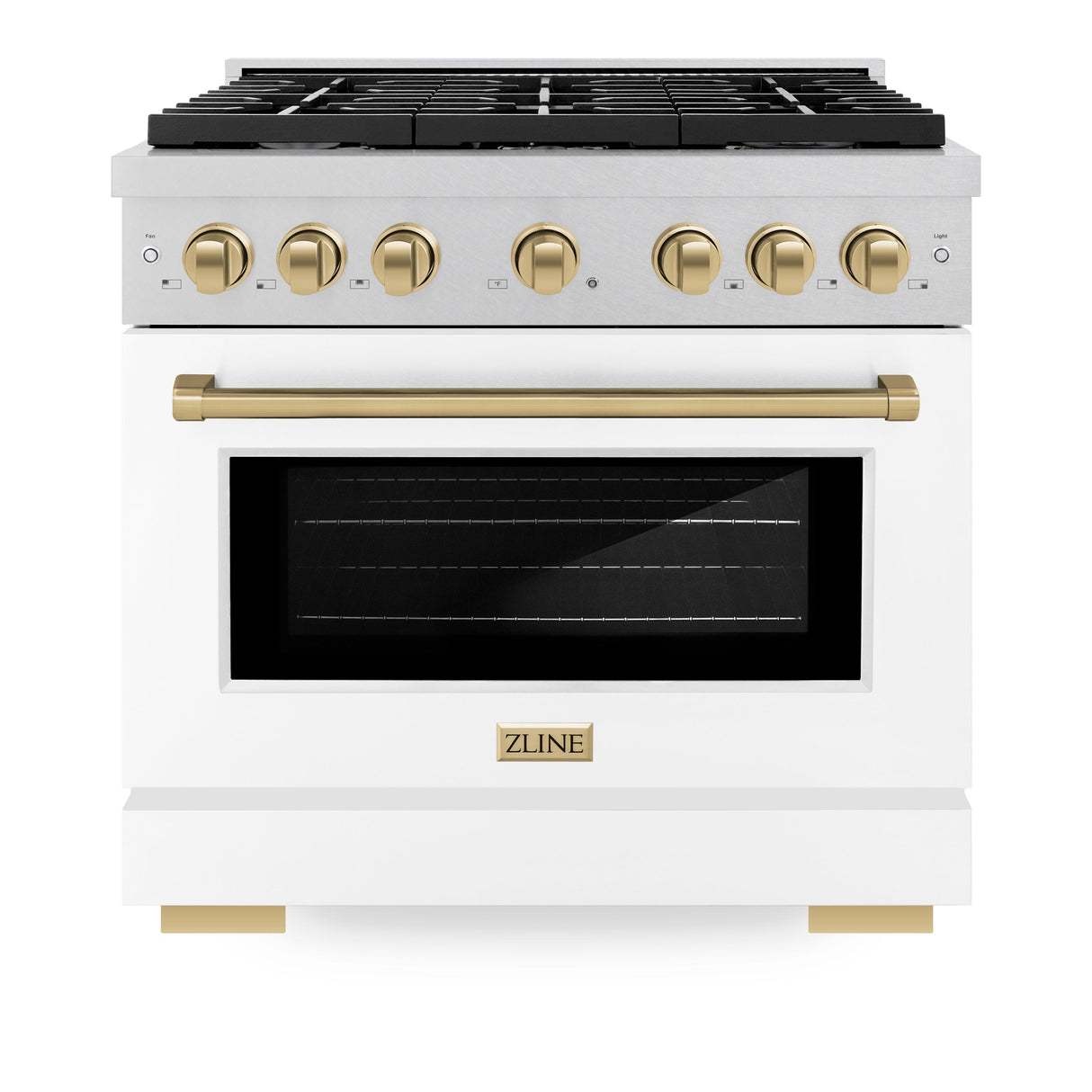 ZLINE Autograph Edition 36 in. 5.2 cu. ft. Paramount Dual Fuel Range with 6 Burner Gas Cooktop and Electric Convection Oven in Satin Stainless Steel with White Matte Door and Champagne Bronze Accents (SDRSZ-WM-36-CB)