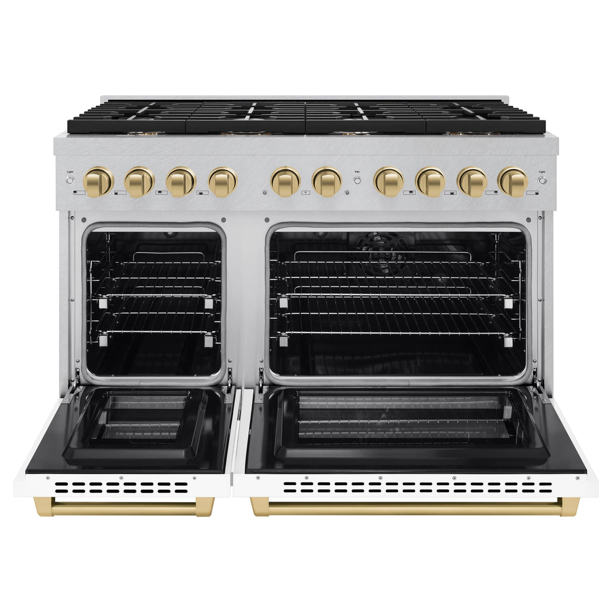 ZLINE Autograph Edition 48 in. 6.7 cu. ft. Paramount Double Oven Dual Fuel Range with 8 Burner Gas Cooktop in Satin Stainless Steel with White Matte Doors and Champagne Bronze Accents (SDRSZ-WM-48-CB)