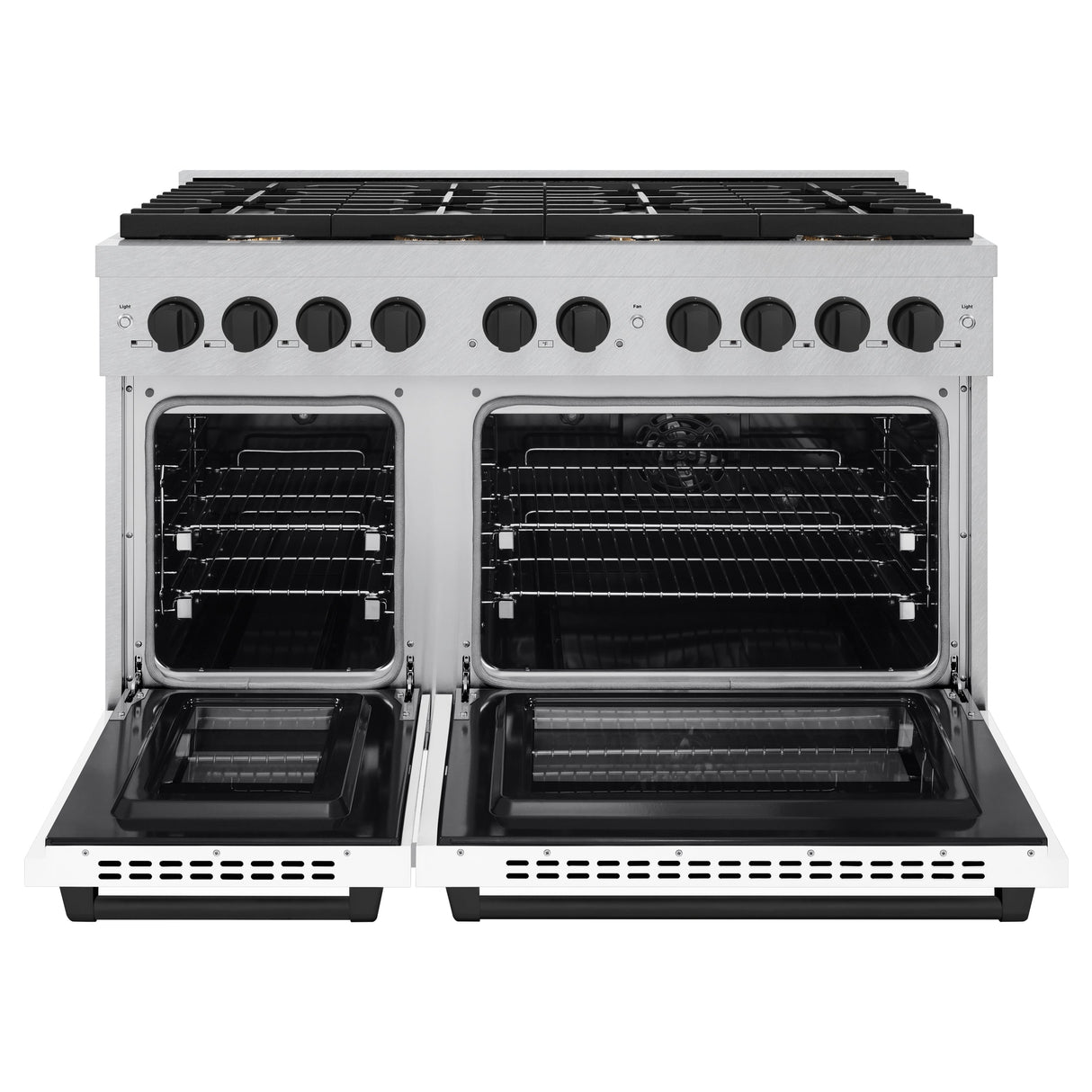 ZLINE Autograph Edition 48 in. 6.7 cu. ft. Paramount Double Oven Dual Fuel Range with 8 Burner Gas Cooktop in Satin Stainless Steel with White Matte Doors and Matte Black Accents (SDRSZ-WM-48-MB)