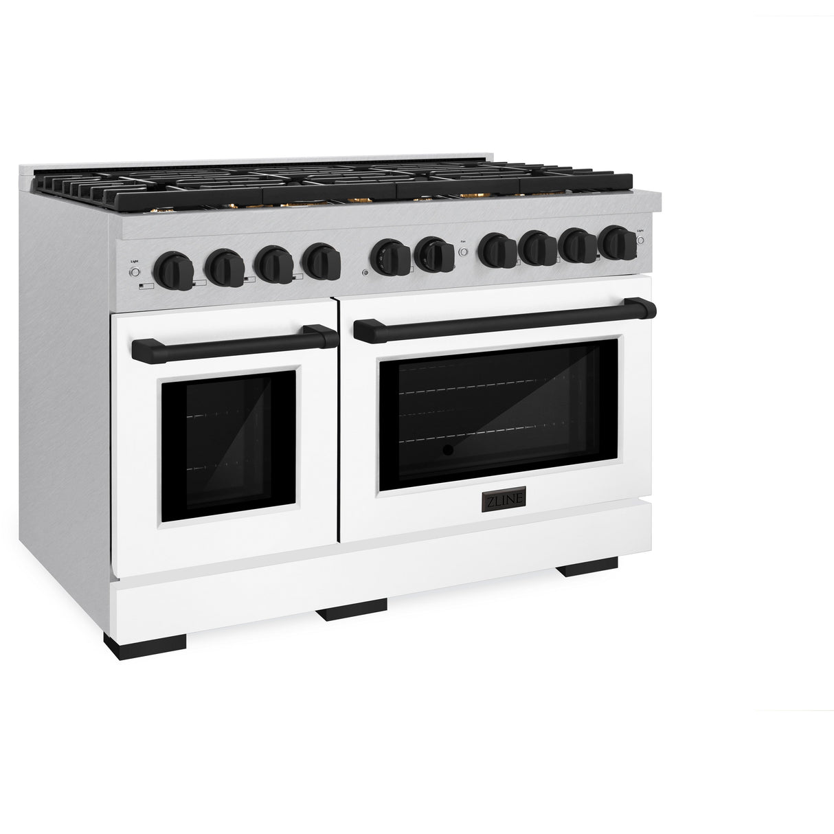 ZLINE Autograph Edition 48 in. 6.7 cu. ft. Paramount Double Oven Dual Fuel Range with 8 Burner Gas Cooktop in Satin Stainless Steel with White Matte Doors and Matte Black Accents (SDRSZ-WM-48-MB)
