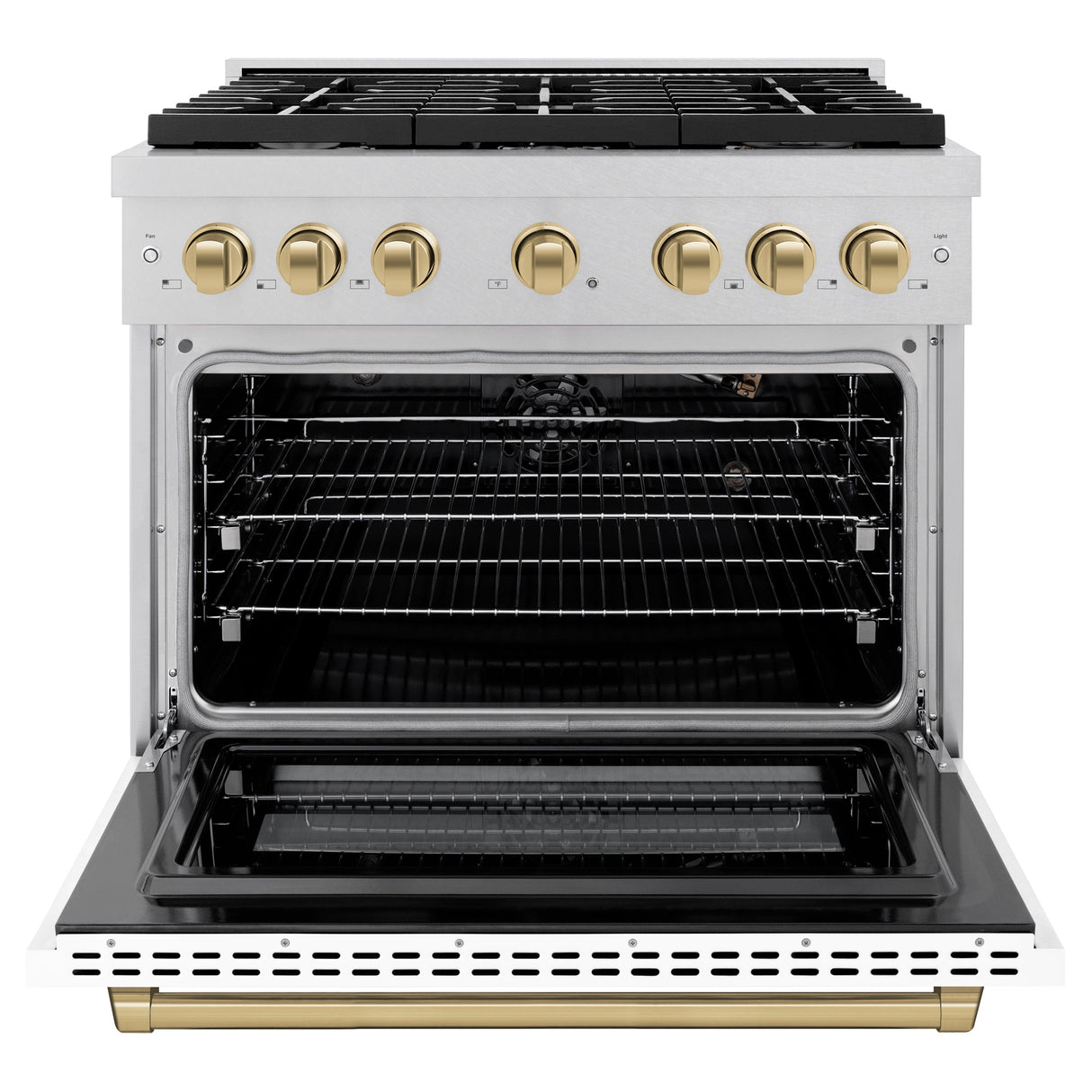ZLINE Autograph Edition 36 in. 5.2 cu. ft. Paramount Gas Range with 6 Burner Cooktop and Convection Gas Oven in Satin Stainless Steel with White Matte Door and Champagne Bronze Accents (SGRSZ-WM-36-CB)