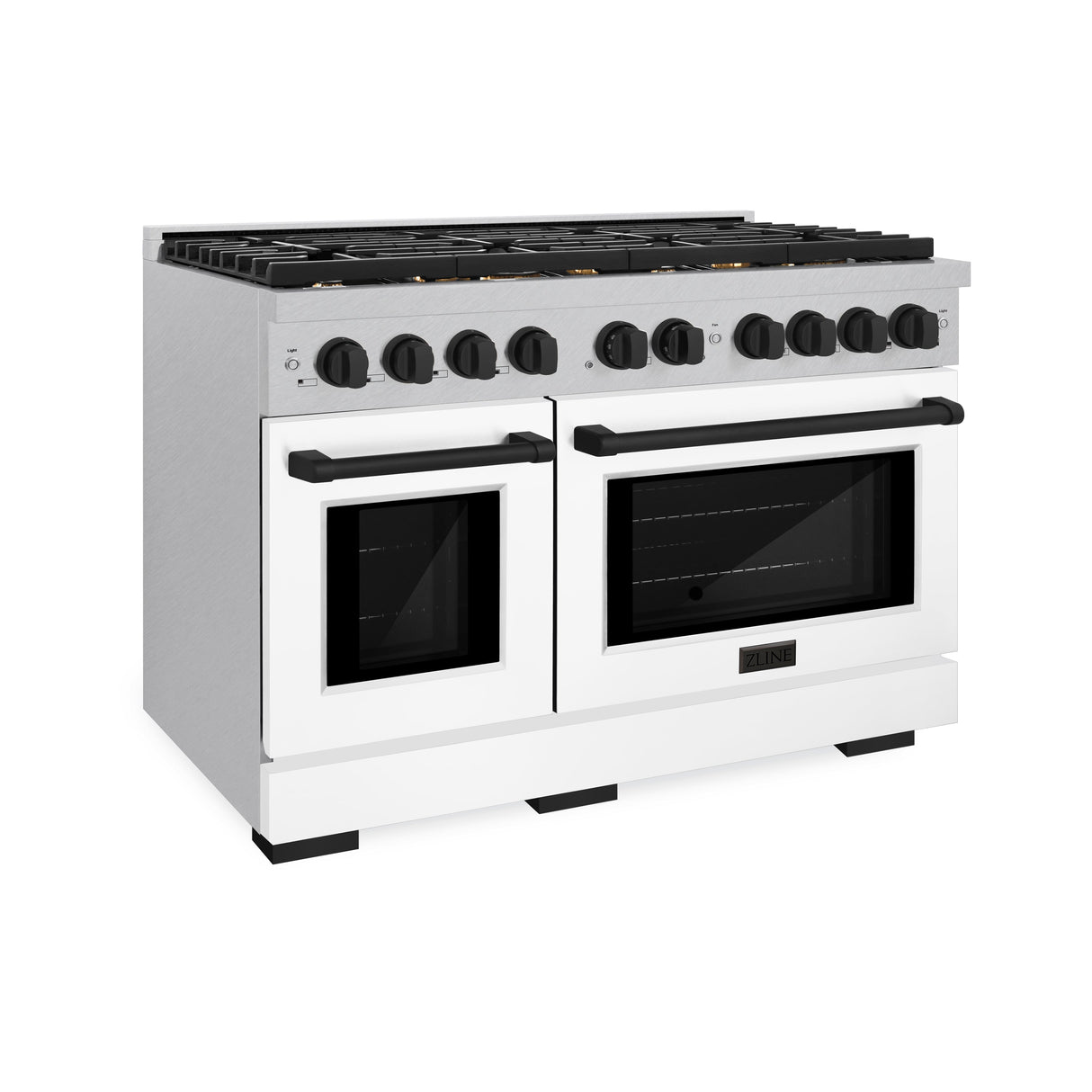 ZLINE Autograph Edition 48 in. 6.7 cu. ft. Paramount Double Oven Gas Range with 8 Burner Cooktop in Satin Stainless Steel with White Matte Doors and Matte Black Accents (SGRSZ-WM-48-MB)