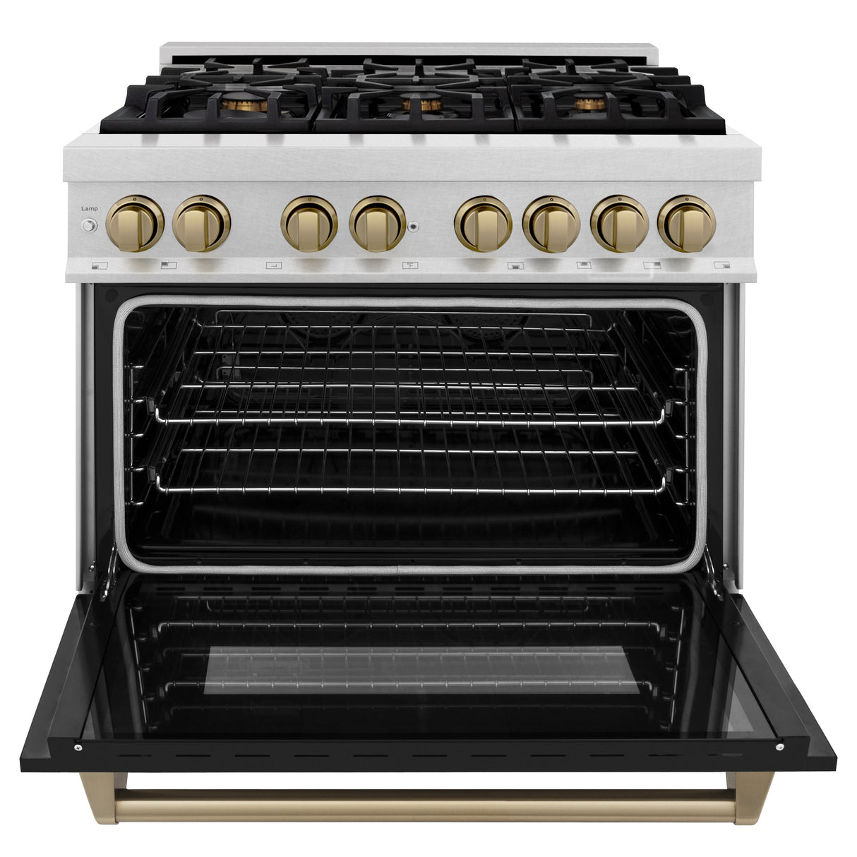 ZLINE Autograph Edition 36 in. 4.6 cu. ft. Legacy Dual Fuel Range with 6 Burner Gas Cooktop and Electric Convection Oven in Satin Stainless Steel with Black Matte Door and Champagne Bronze Accents (RASZ-BLM-36-CB)