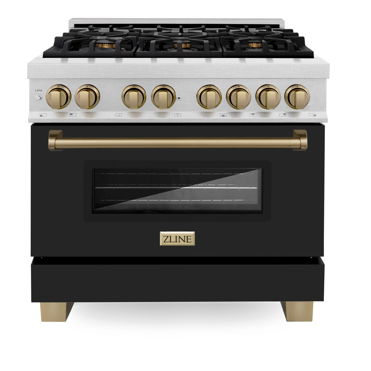 ZLINE Autograph Edition 36 in. 4.6 cu. ft. Legacy Dual Fuel Range with 6 Burner Gas Cooktop and Electric Convection Oven in Satin Stainless Steel with Black Matte Door and Champagne Bronze Accents (RASZ-BLM-36-CB)