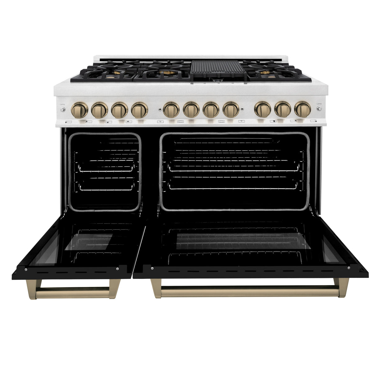 ZLINE Autograph Edition 48 in. 6.0 cu. ft. Legacy Dual Fuel Range with 7 Burner Gas Cooktop and 2 Electric Ovens in Satin Stainless Steel with Black Matte Doors and Champagne Bronze Accents (RASZ-BLM-48-CB)