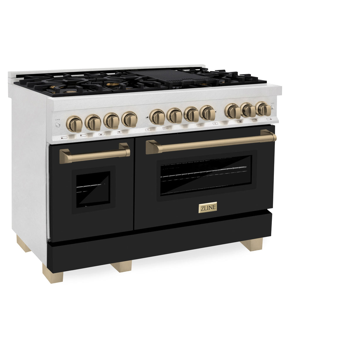 ZLINE Autograph Edition 48 in. 6.0 cu. ft. Legacy Dual Fuel Range with 7 Burner Gas Cooktop and 2 Electric Ovens in Satin Stainless Steel with Black Matte Doors and Champagne Bronze Accents (RASZ-BLM-48-CB)