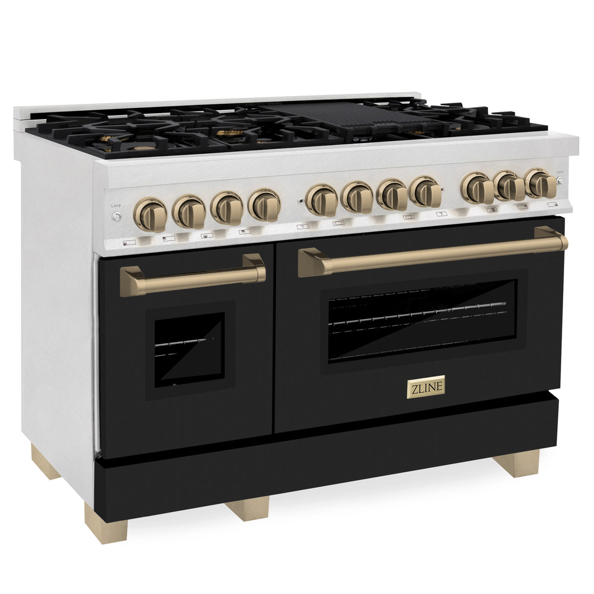 ZLINE Autograph Edition 48 in. 6.0 cu. ft. Legacy Dual Fuel Range with 7 Burner Gas Cooktop and 2 Electric Ovens in Satin Stainless Steel with Black Matte Doors and Champagne Bronze Accents (RASZ-BLM-48-CB)