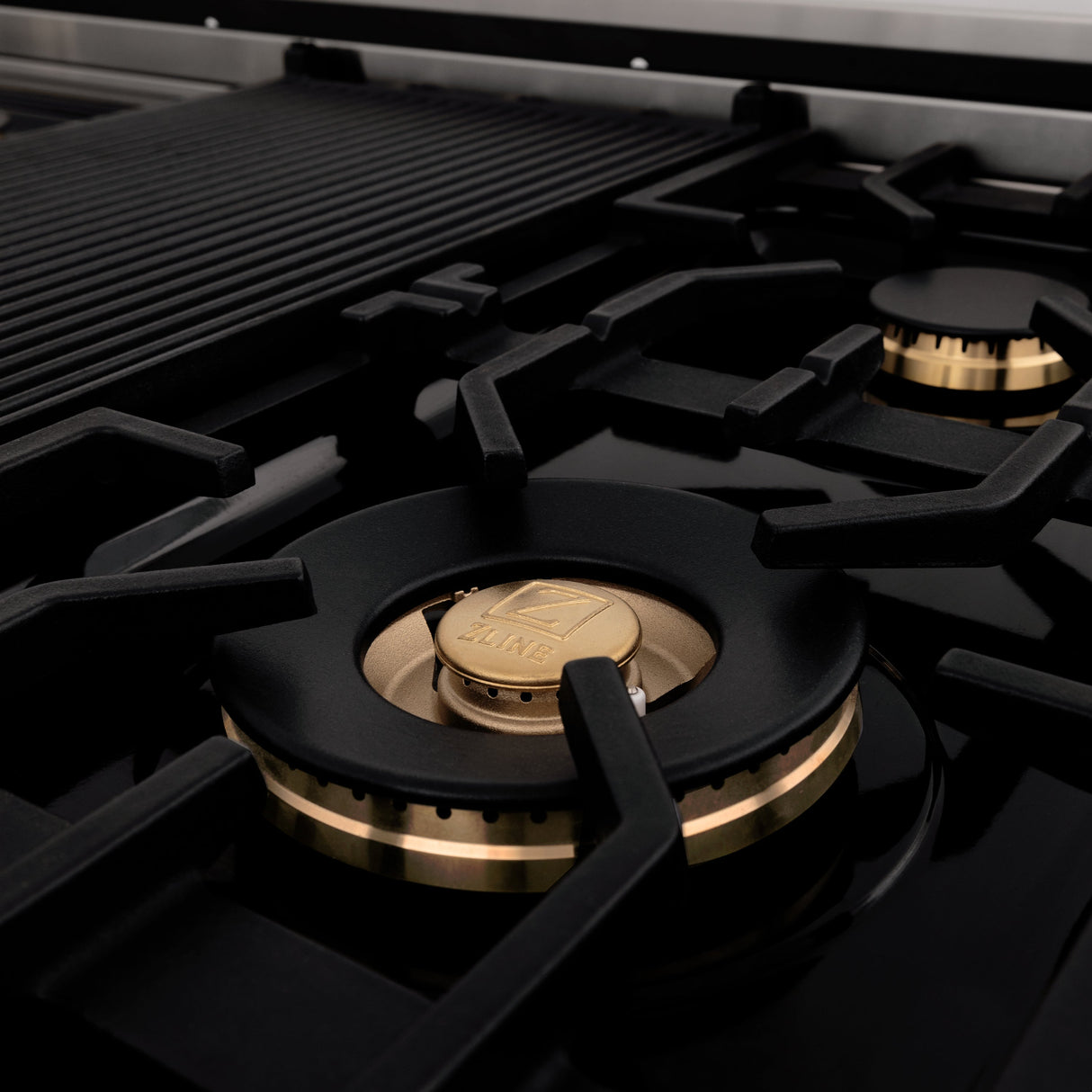 ZLINE Autograph Edition 48 in. 6.0 cu. ft. Legacy Dual Fuel Range with 7 Burner Gas Cooktop and 2 Electric Ovens in Satin Stainless Steel with Black Matte Doors and Polished Gold Accents (RASZ-BLM-48-G)