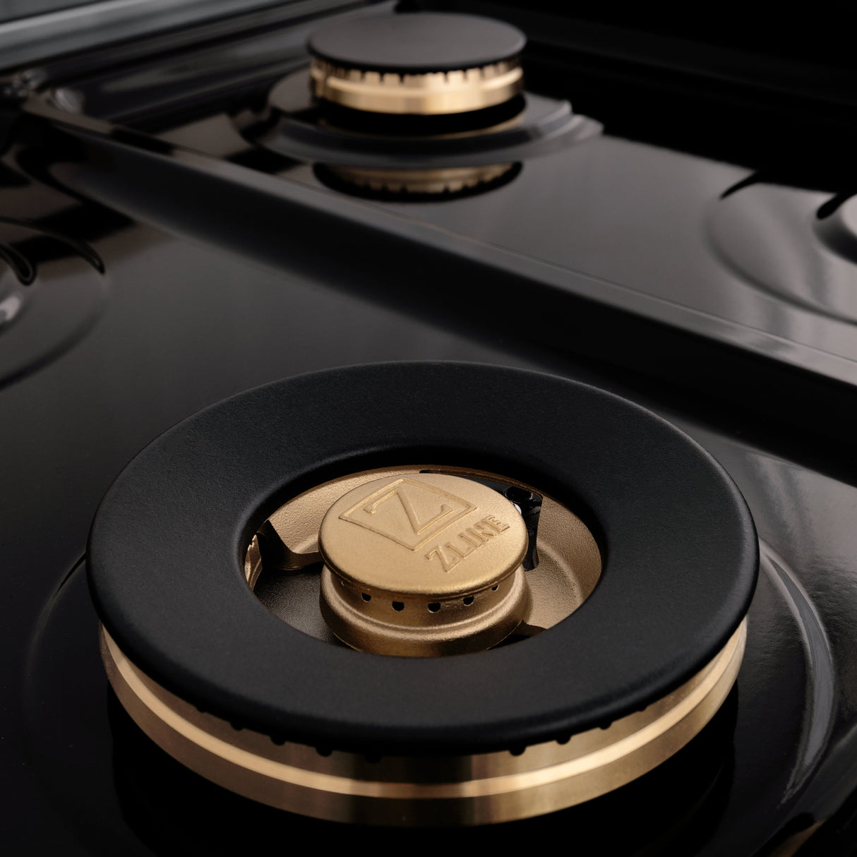 ZLINE Autograph Edition 48 in. 6.0 cu. ft. Legacy Dual Fuel Range with 7 Burner Gas Cooktop and 2 Electric Ovens in Satin Stainless Steel with Black Matte Doors and Polished Gold Accents (RASZ-BLM-48-G)