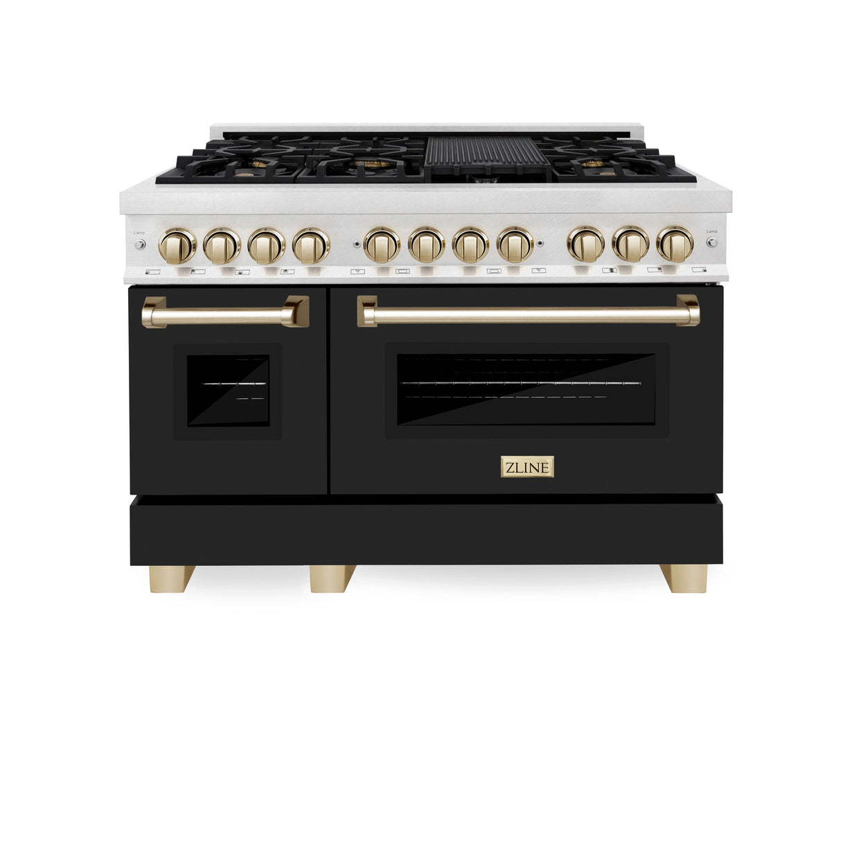 ZLINE Autograph Edition 48 in. 6.0 cu. ft. Legacy Dual Fuel Range with 7 Burner Gas Cooktop and 2 Electric Ovens in Satin Stainless Steel with Black Matte Doors and Polished Gold Accents (RASZ-BLM-48-G)