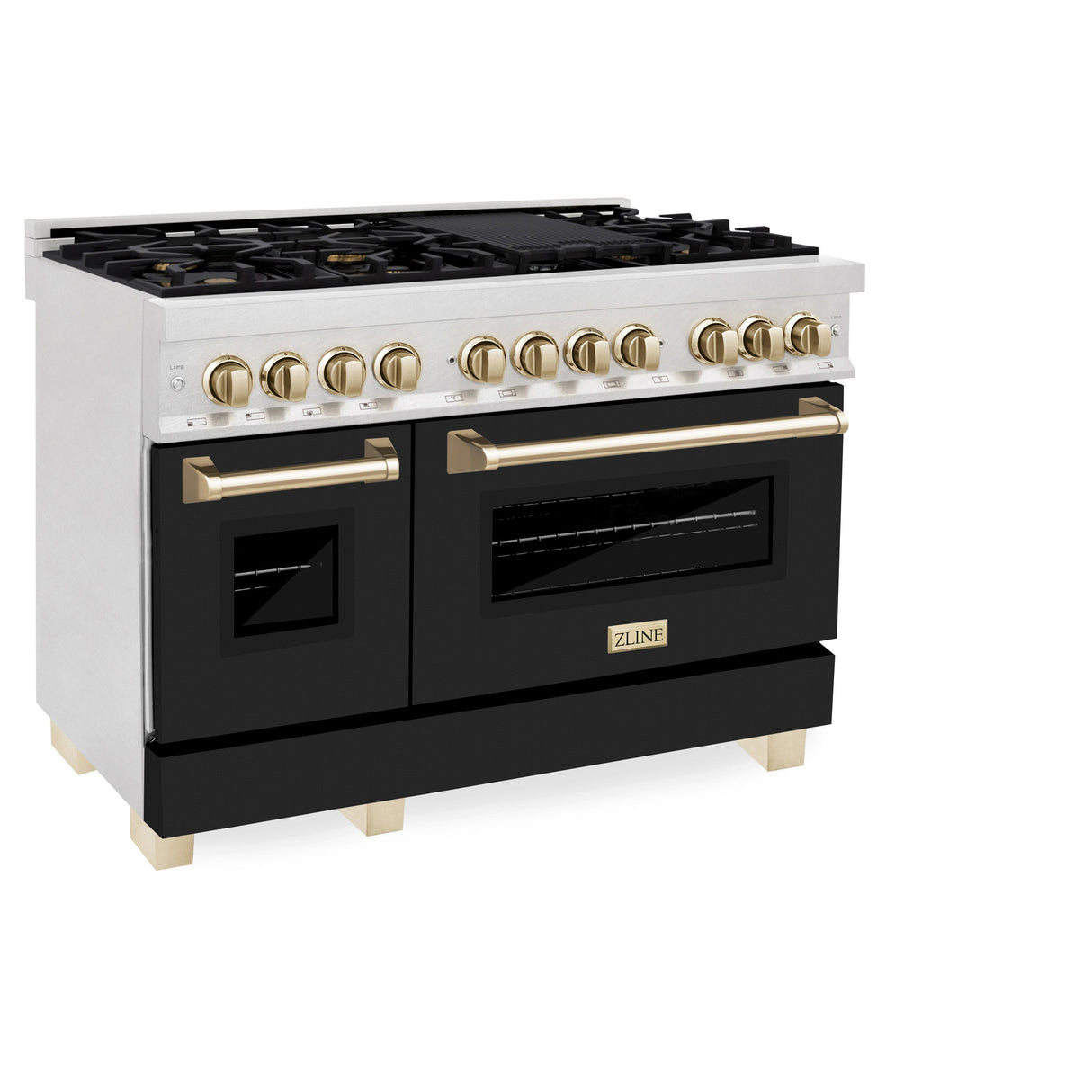 ZLINE Autograph Edition 48 in. 6.0 cu. ft. Legacy Dual Fuel Range with 7 Burner Gas Cooktop and 2 Electric Ovens in Satin Stainless Steel with Black Matte Doors and Polished Gold Accents (RASZ-BLM-48-G)