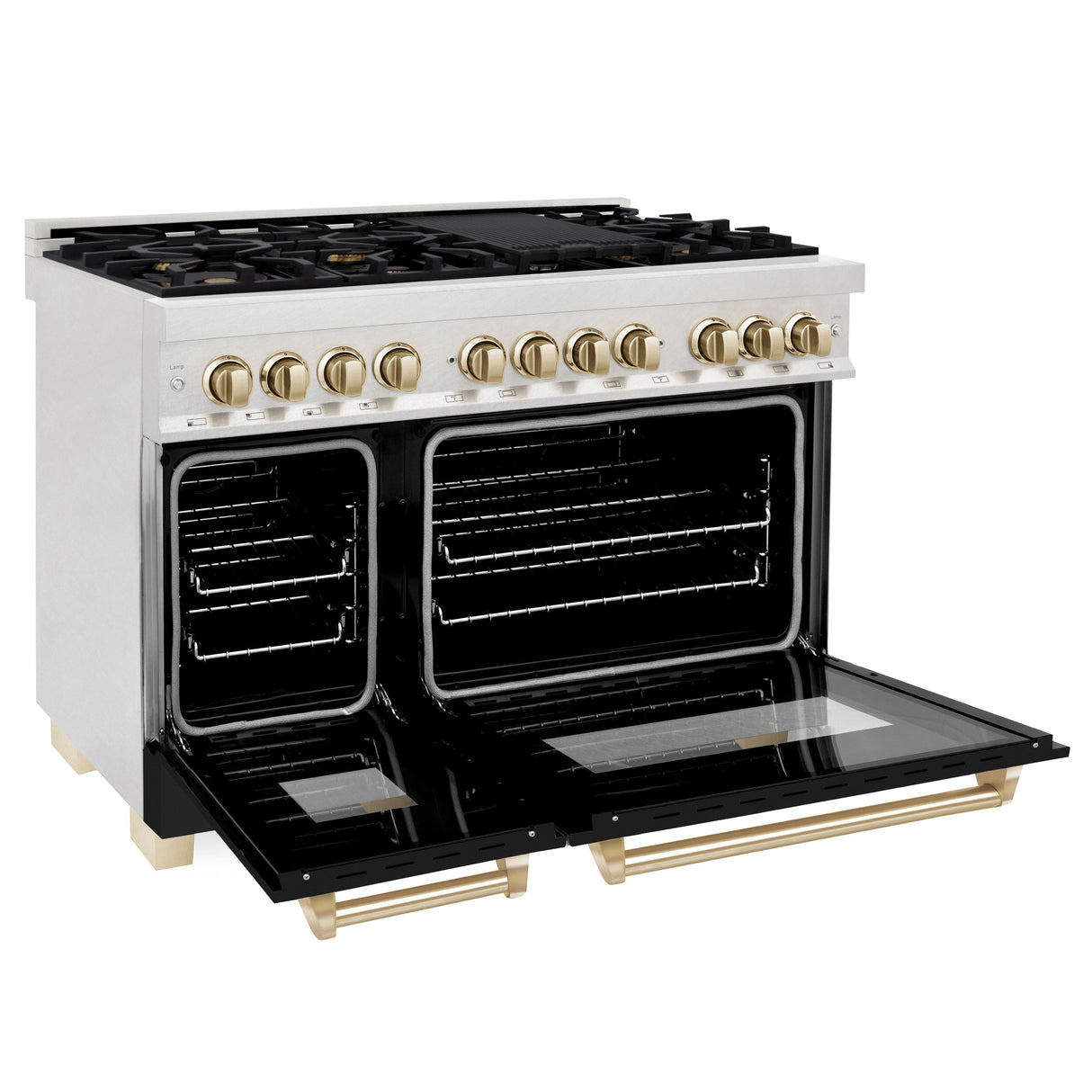 ZLINE Autograph Edition 48 in. 6.0 cu. ft. Legacy Dual Fuel Range with 7 Burner Gas Cooktop and 2 Electric Ovens in Satin Stainless Steel with Black Matte Doors and Polished Gold Accents (RASZ-BLM-48-G)