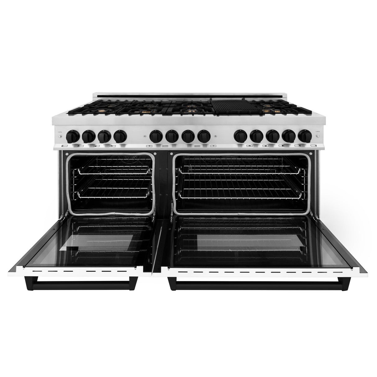 ZLINE Autograph Edition 60 in. 7.4 cu. ft. Legacy Dual Fuel Range with 9 Burner Gas Cooktop and 2 Electric Convection Ovens in Stainless Steel with White Matte Doors and Matte Black Accents (RAZ-WM-60-MB)