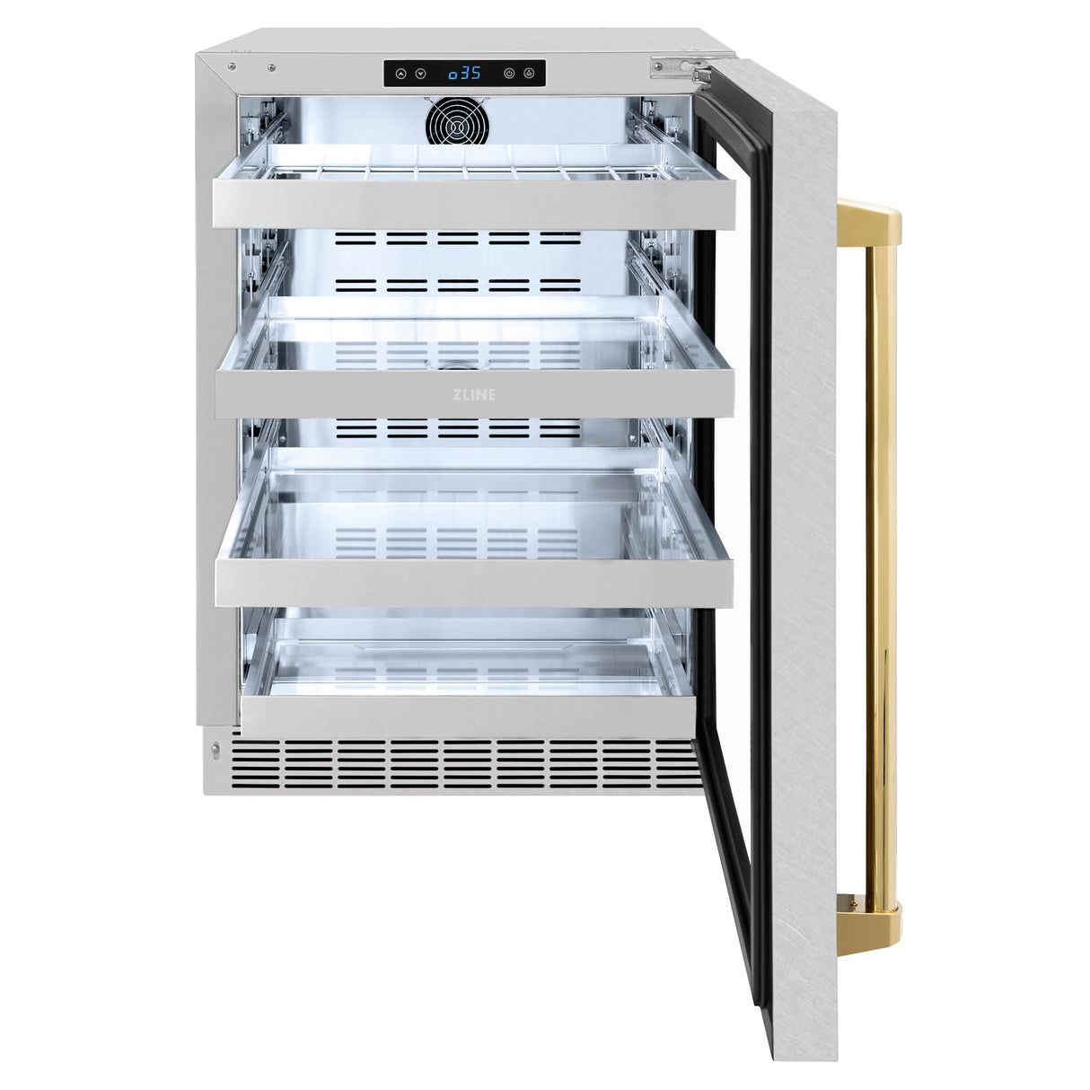 ZLINE Autograph Edition 24 in. Touchstone 151 Can Beverage Fridge With Satin Stainless Steel Glass Door And Polished Gold Handle (RBSOZ-SN-24-G)