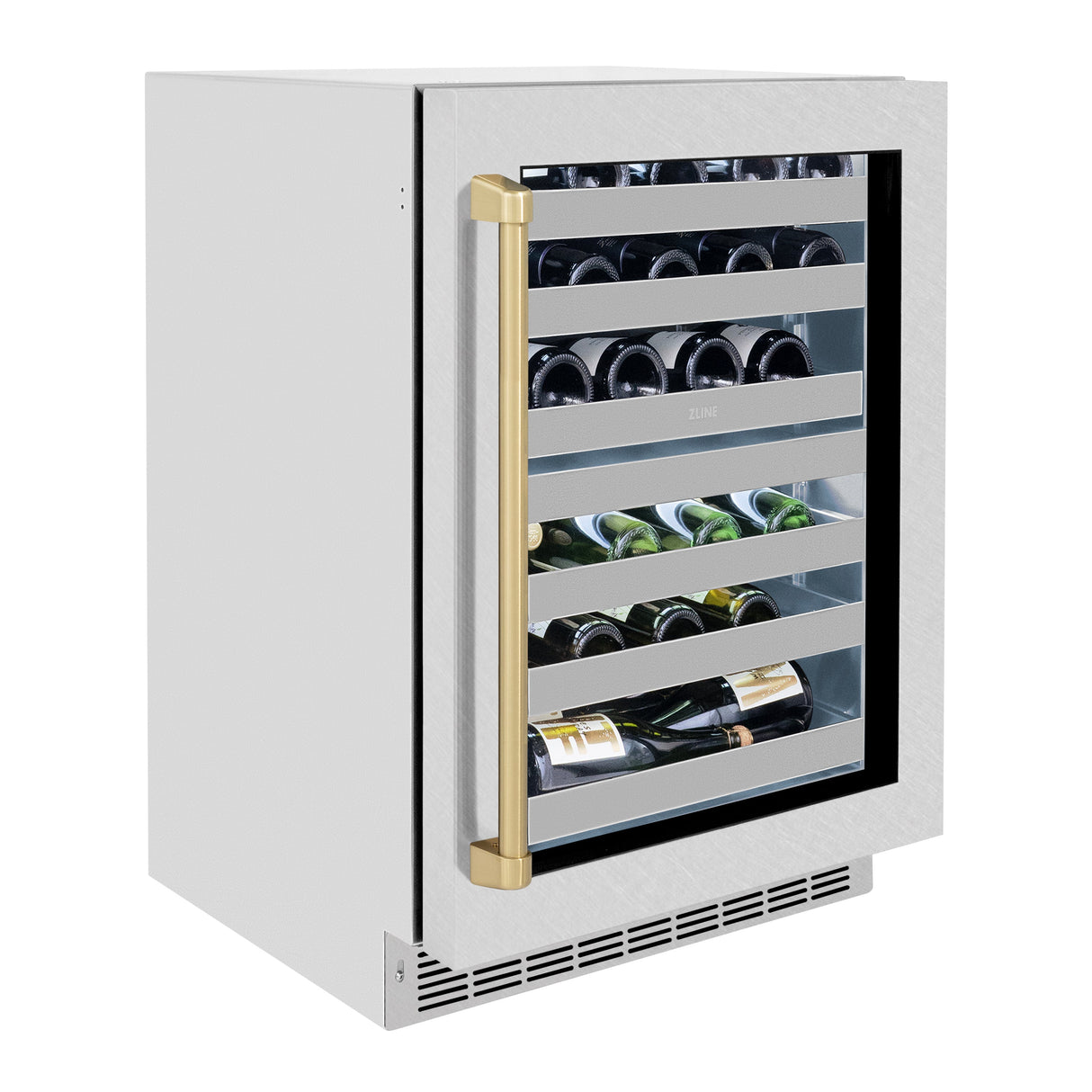 ZLINE Autograph Edition 24 in. Touchstone Dual Zone 44 Bottle Wine Cooler with Satin Stainless Steel Glass Door and Champagne Bronze Handle (RWDOZ-SN-24-CB)