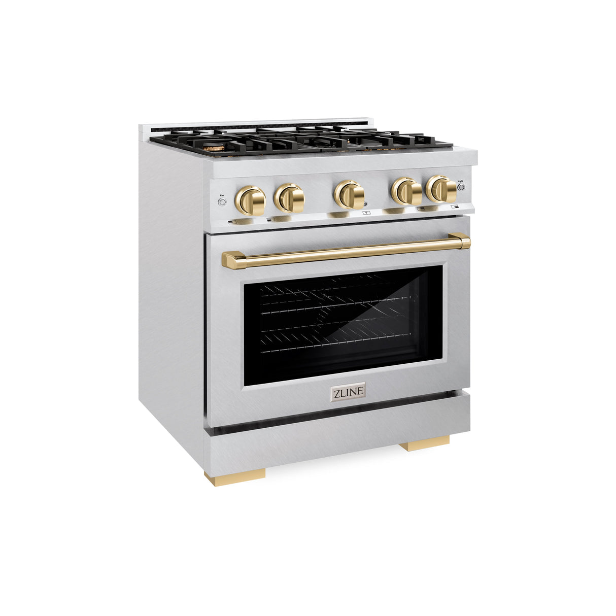 ZLINE Autograph Edition 30 in. 4.2 cu. ft. Select Dual Fuel Range with 4 Burner Gas Cooktop and Electric Convection Oven in Satin Stainless Steel with Polished Gold Accents (HDRSZ-30-G)