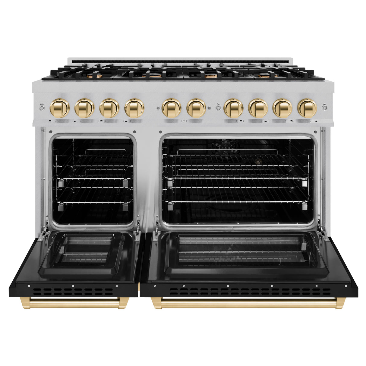 ZLINE Autograph Edition 48 in. 6.7 cu. ft. Select Double Oven Dual Fuel Range with 8 Burner Gas Cooktop in Satin Stainless Steel with Black Matte Doors and Polished Gold Accents (HDRSZ-BLM-48-G)