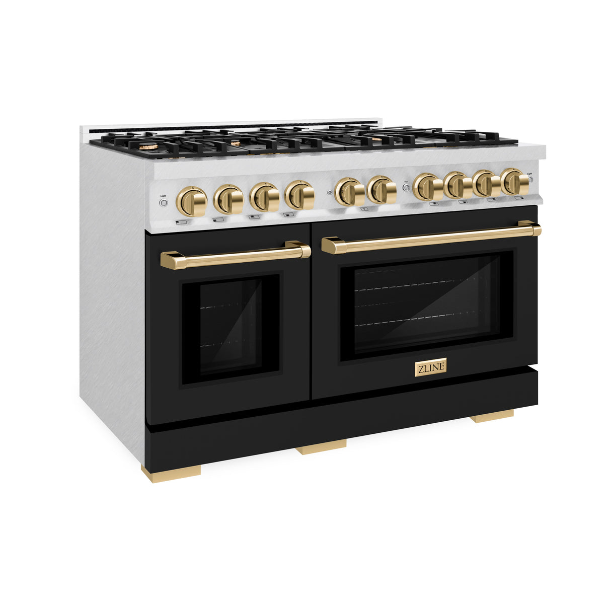 ZLINE Autograph Edition 48 in. 6.7 cu. ft. Select Double Oven Dual Fuel Range with 8 Burner Gas Cooktop in Satin Stainless Steel with Black Matte Doors and Polished Gold Accents (HDRSZ-BLM-48-G)