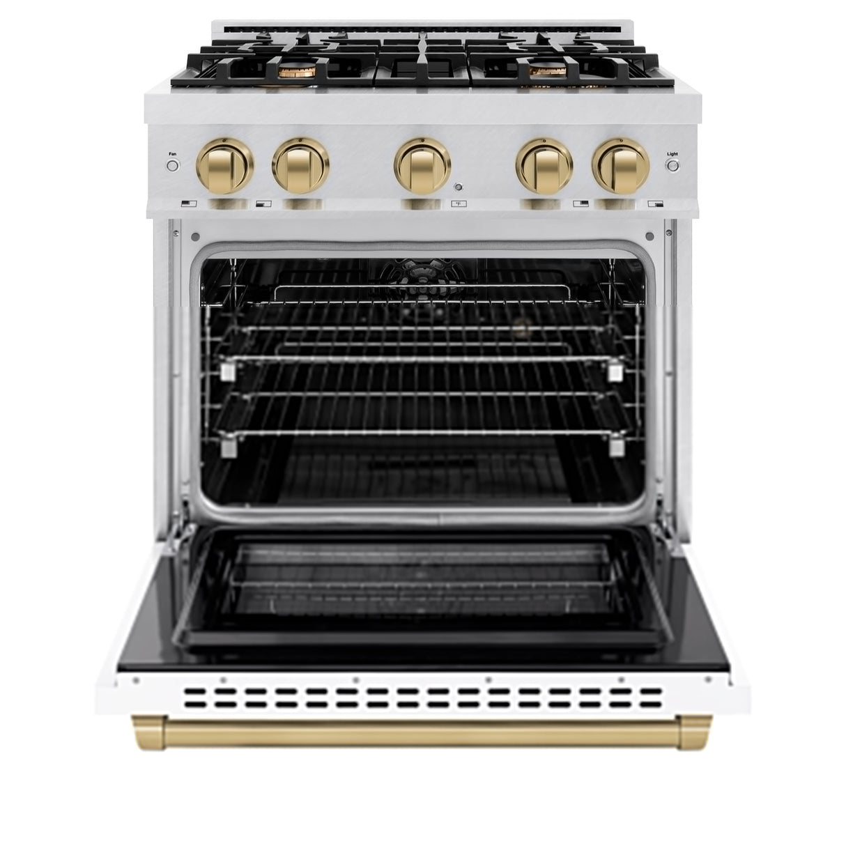 ZLINE Autograph Edition 30 in. 4.2 cu. ft. Select Dual Fuel Range with 4 Burner Gas Cooktop and Electric Convection Oven in Satin Stainless Steel with White Matte Door and Champagne Bronze Accents (HDRSZ-WM-30-CB)