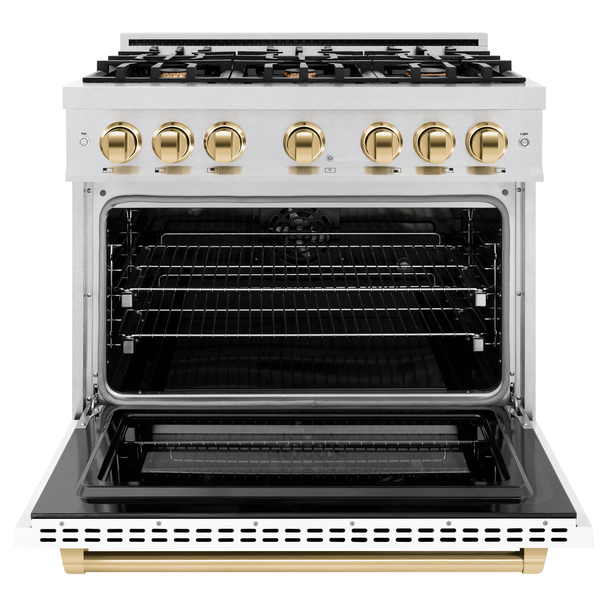 ZLINE Autograph Edition 36 in. 5.2 cu. ft. Select Dual Fuel Range with 6 Burner Gas Cooktop and Electric Convection Oven in Satin Stainless Steel with White Matte Door and Polished Gold Accents (HDRSZ-WM-36-G)