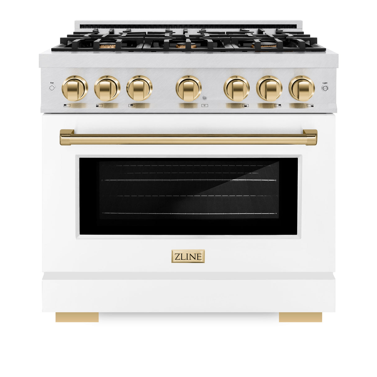 ZLINE Autograph Edition 36 in. 5.2 cu. ft. Select Dual Fuel Range with 6 Burner Gas Cooktop and Electric Convection Oven in Satin Stainless Steel with White Matte Door and Polished Gold Accents (HDRSZ-WM-36-G)
