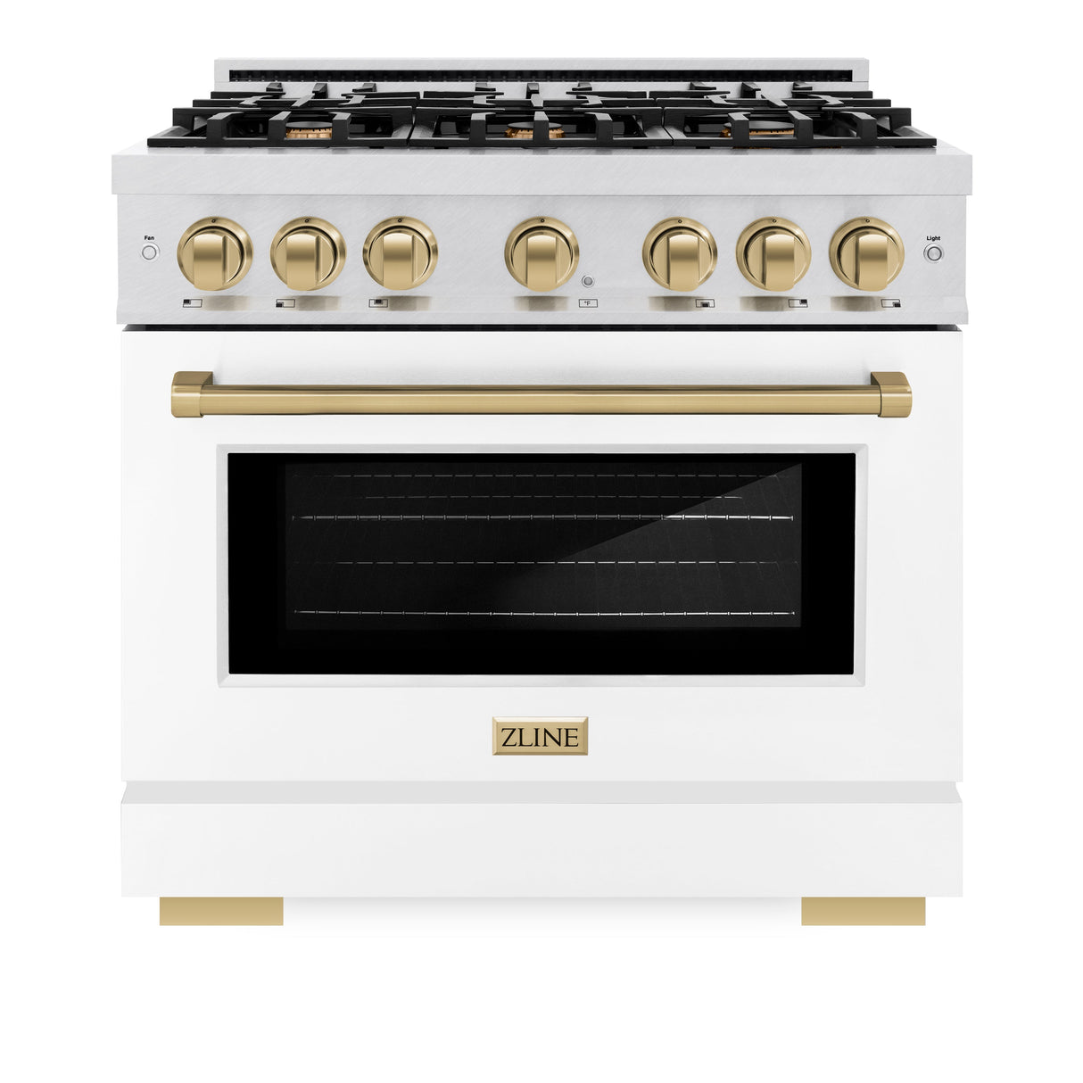 ZLINE Autograph Edition 36 in. 5.2 cu. ft. Select Gas Range with 6 Burner Cooktop and Convection Gas Oven in Satin Stainless Steel with White Matte Door and Champagne Bronze Accents (HGRSZ-WM-36-CB)