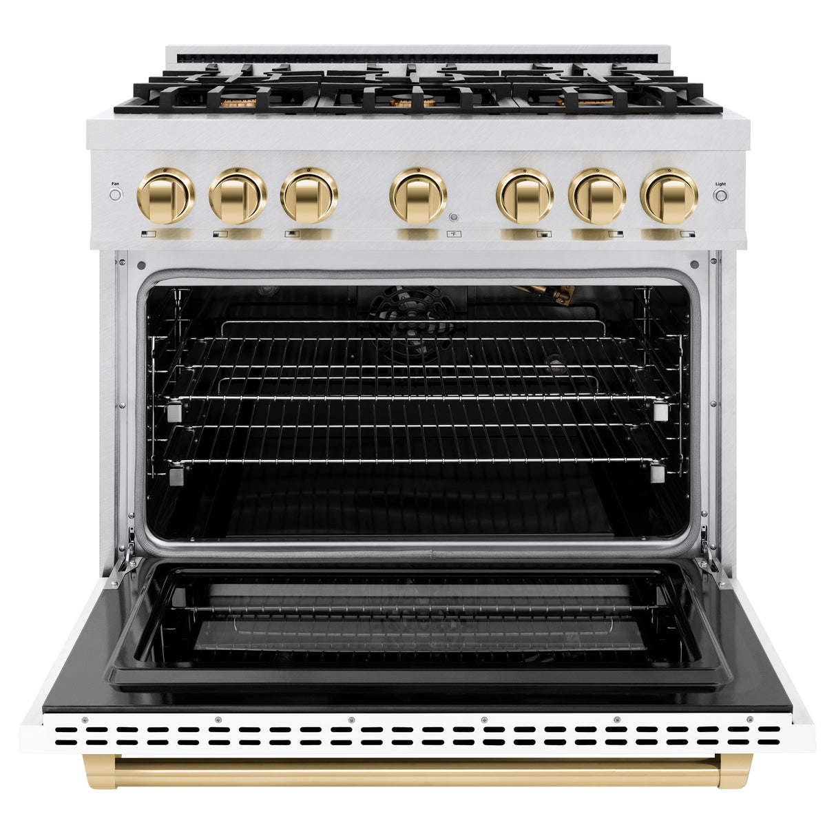ZLINE Autograph Edition 36 in. 5.2 cu. ft. Select Gas Range with 6 Burner Cooktop and Convection Gas Oven in Satin Stainless Steel with White Matte Door and Polished Gold Accents (HGRSZ-WM-36-G)