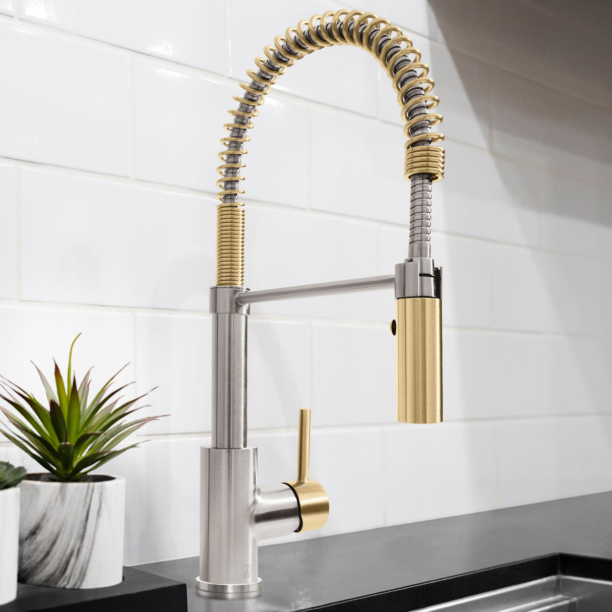 ZLINE Autograph Edition Sierra Pull Down Spring Single Handle Kitchen Faucet in Brushed Nickel and Champagne Bronze (SRA-KF-ZBNCB)