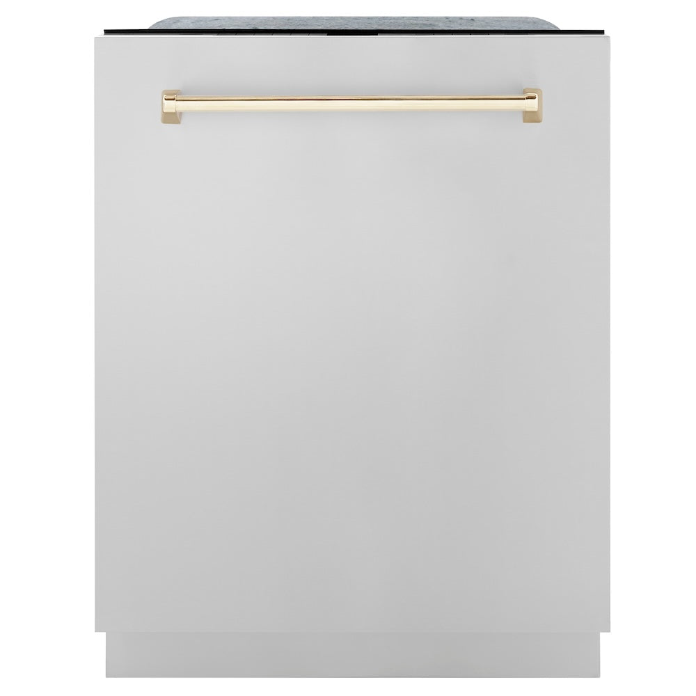ZLINE Autograph Edition 24" Monument Series 3rd Rack Top Touch Control Tall Tub Dishwasher in Stainless Steel with Polished Gold Handle, 45dBa (DWMTZ-304-24-G)