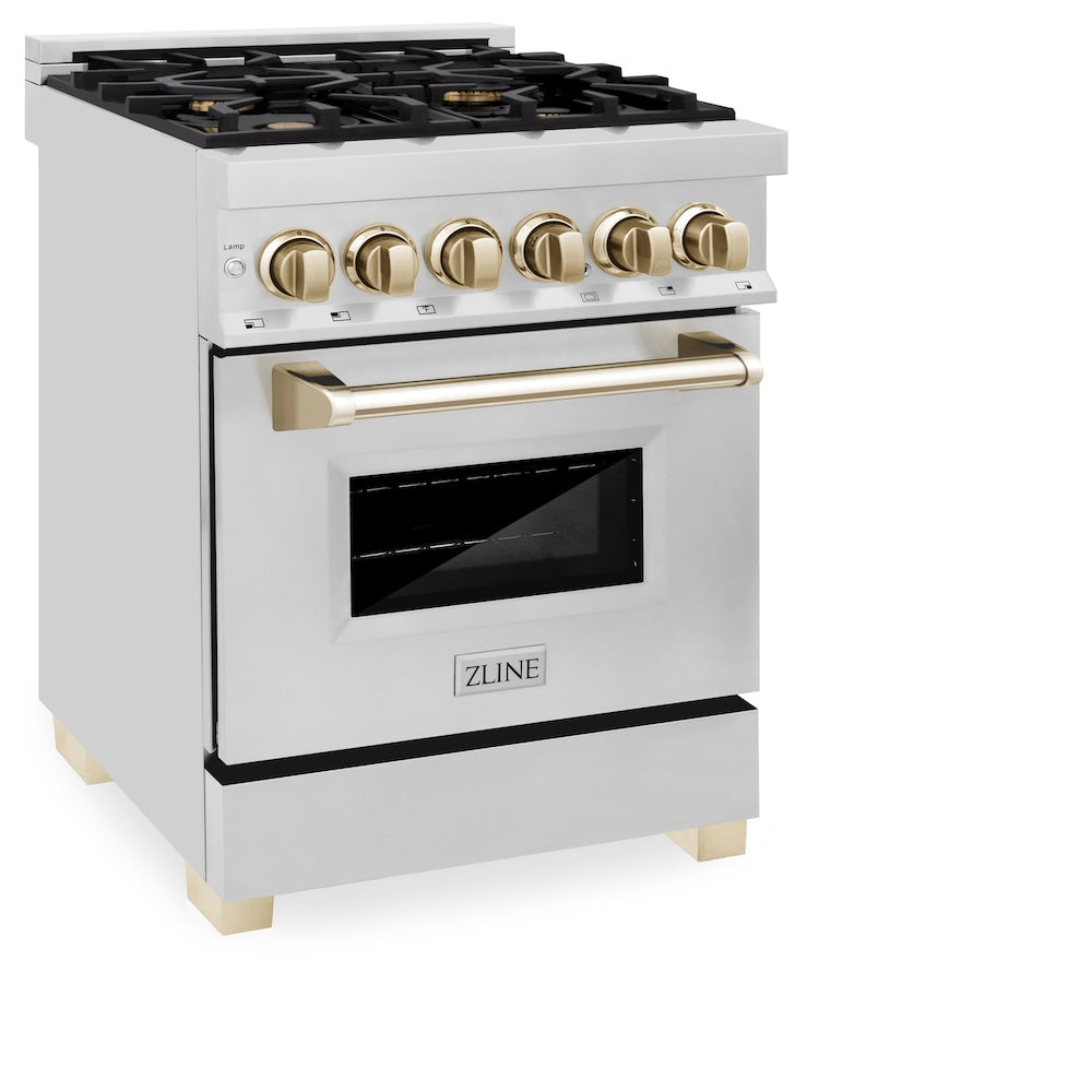 ZLINE Autograph Edition 24 in. 2.8 cu. ft. Legacy Dual Fuel Range with 4 Burner Gas Cooktop and Electric Convection Oven in Stainless Steel and Polished Gold Accents (RAZ-24-G)
