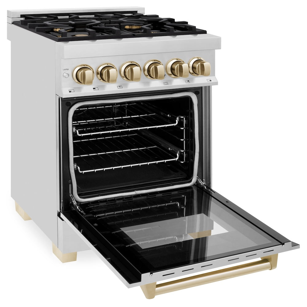 ZLINE Autograph Edition 24 in. 2.8 cu. ft. Legacy Dual Fuel Range with 4 Burner Gas Cooktop and Electric Convection Oven in Stainless Steel and Polished Gold Accents (RAZ-24-G)