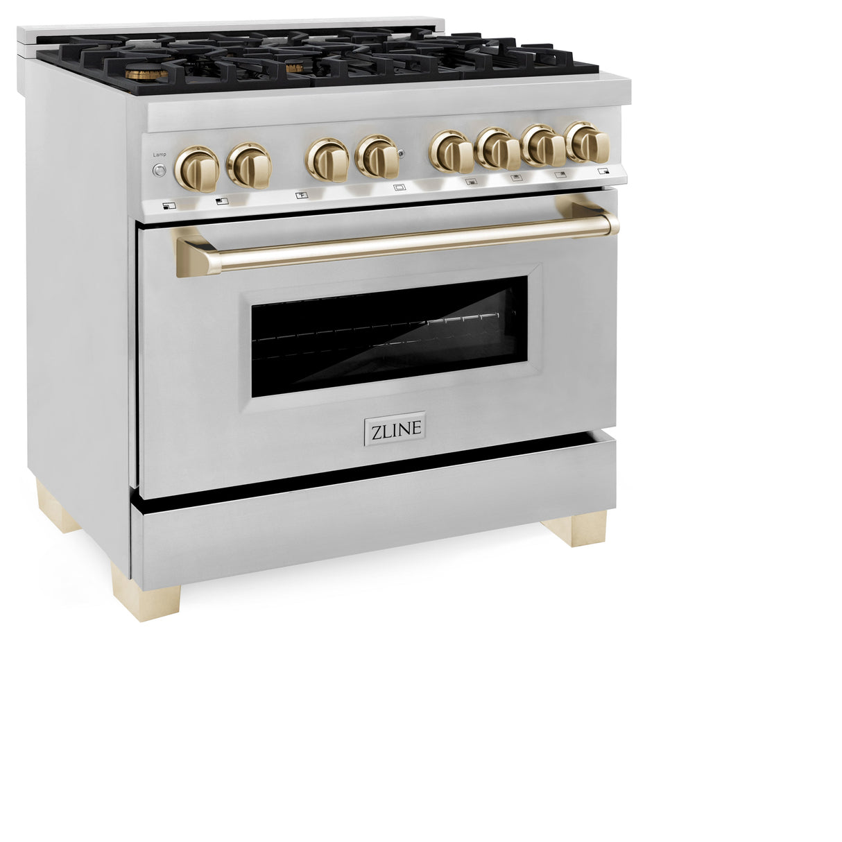 ZLINE Autograph Edition 36 in. 4.6 cu. ft. Legacy Dual Fuel Range with 6 Burner Gas Cooktop and Electric Convection Oven in Stainless Steel and Polished Gold Accents (RAZ-36-G)