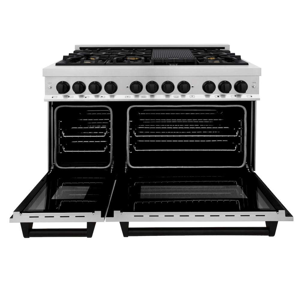ZLINE Autograph Edition 48 in. 6.0 cu. ft. Legacy Dual Fuel Range with 7 Burner Gas Cooktop and 2 Electric Ovens in Stainless Steel and Matte Black Accents (RAZ-48-MB)