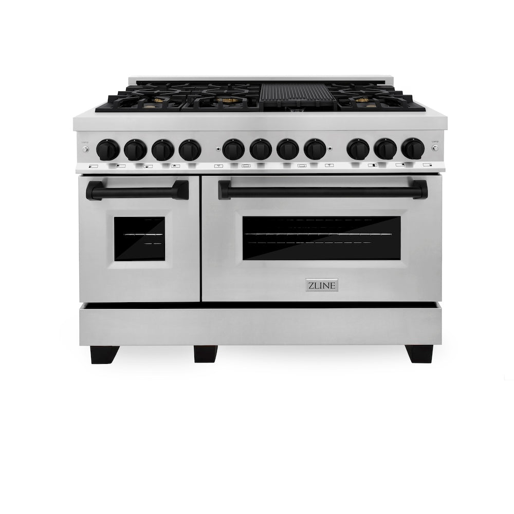 ZLINE Autograph Edition 48 in. 6.0 cu. ft. Legacy Dual Fuel Range with 7 Burner Gas Cooktop and 2 Electric Ovens in Stainless Steel and Matte Black Accents (RAZ-48-MB)