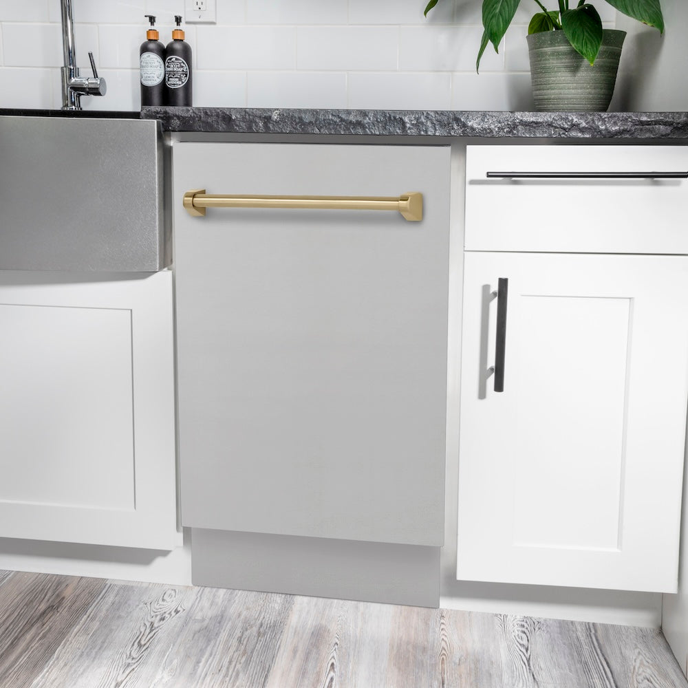 ZLINE Autograph Edition 18” Tallac Series 3rd Rack Top Control Built-In Dishwasher in Stainless Steel with Champagne Bronze Handle, 51dBa (DWVZ-304-18-CB)