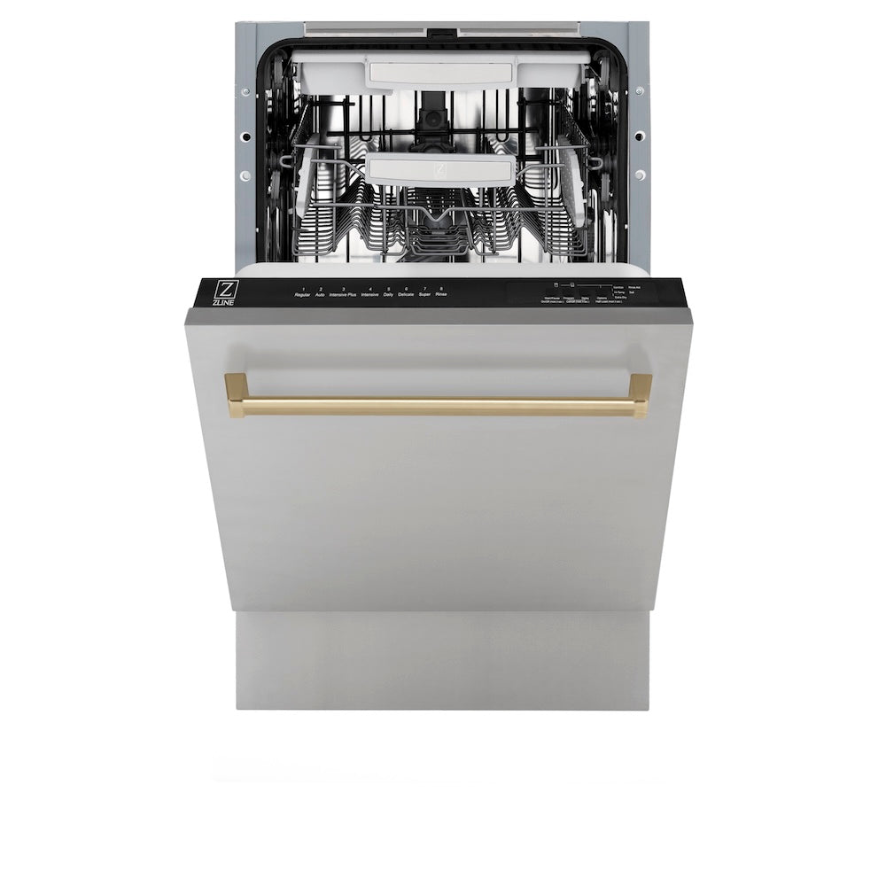 ZLINE Autograph Edition 18” Tallac Series 3rd Rack Top Control Built-In Dishwasher in Stainless Steel with Champagne Bronze Handle, 51dBa (DWVZ-304-18-CB)