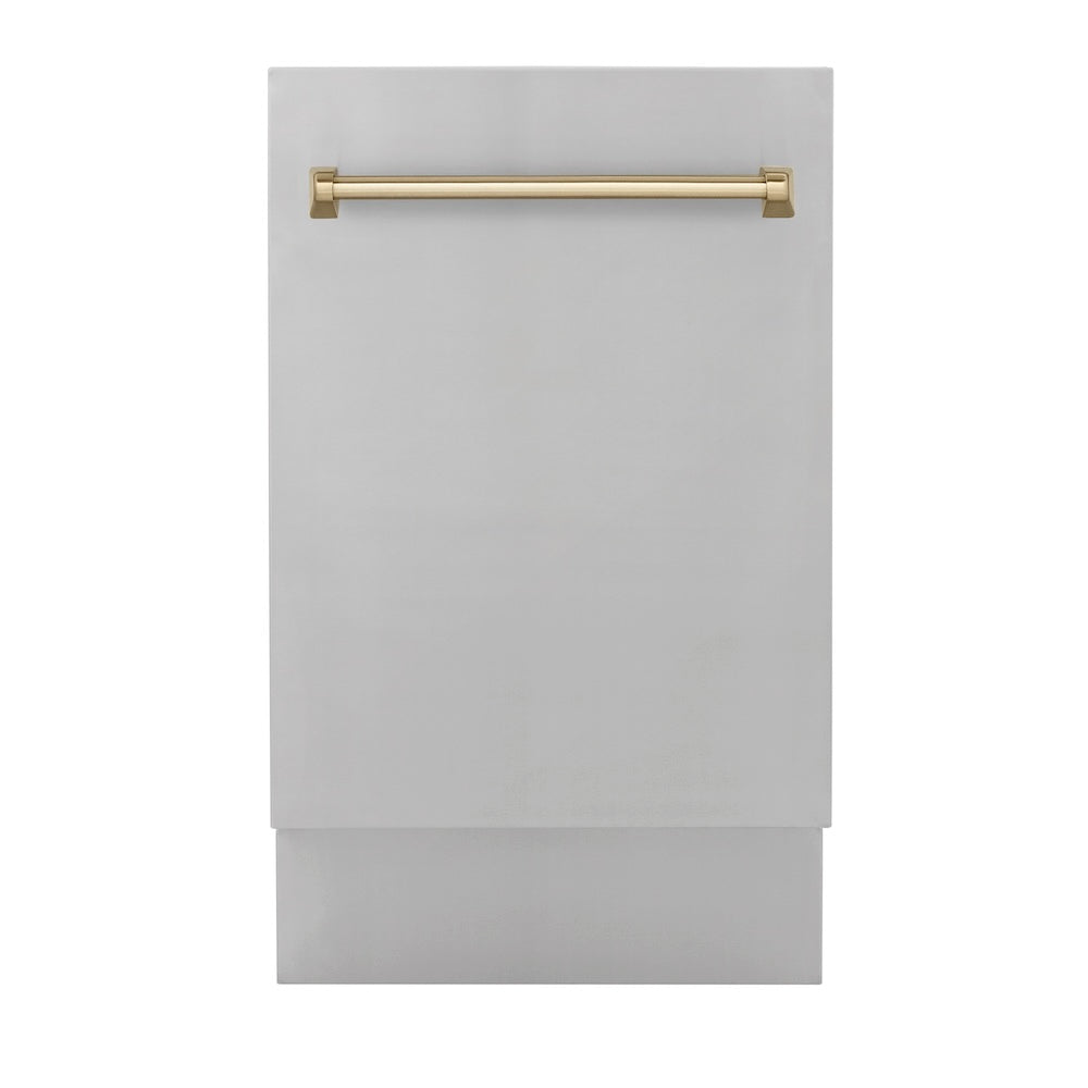 ZLINE Autograph Edition 18” Tallac Series 3rd Rack Top Control Built-In Dishwasher in Stainless Steel with Champagne Bronze Handle, 51dBa (DWVZ-304-18-CB)