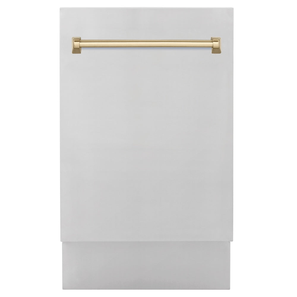ZLINE Autograph Edition 18” Tallac Series 3rd Rack Top Control Built-In Dishwasher in Stainless Steel with Champagne Bronze Handle, 51dBa (DWVZ-304-18-CB)