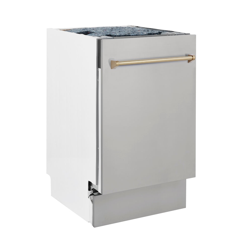 ZLINE Autograph Edition 18” Tallac Series 3rd Rack Top Control Built-In Dishwasher in Stainless Steel with Champagne Bronze Handle, 51dBa (DWVZ-304-18-CB)
