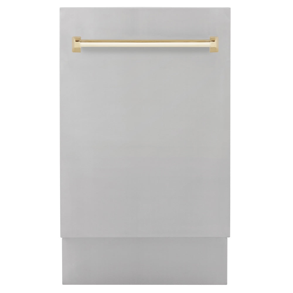 ZLINE Autograph Edition 18” Tallac Series 3rd Rack Top Control Built-In Dishwasher in Stainless Steel with Polished Gold Handle, 51dBa (DWVZ-304-18-G)
