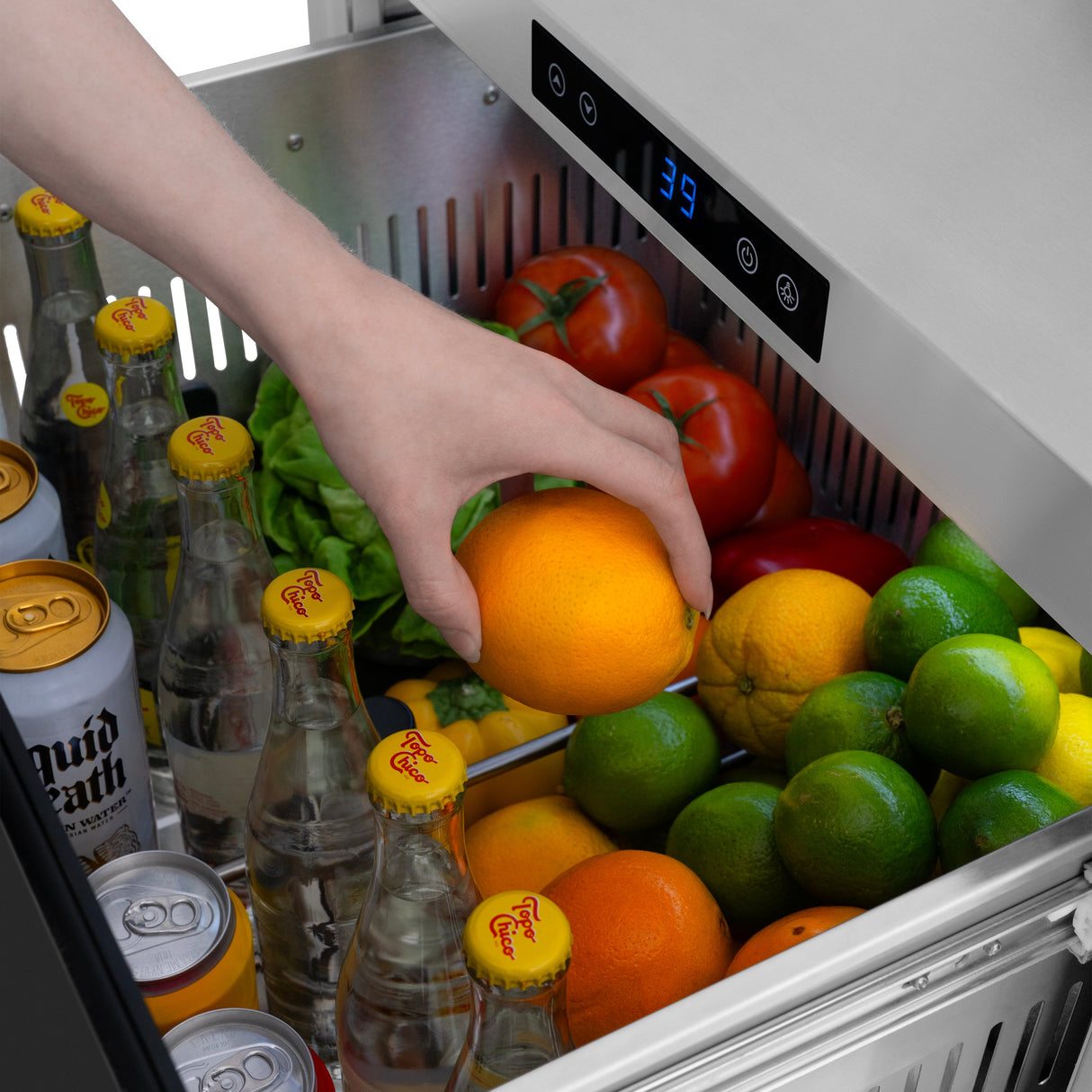 ZLINE Autograph Edition 24 in. Touchstone 168 Can Outdoor-Rated Dual Refrigerator Drawer with Black Matte Doors and Champagne Bronze Handles (RDSOZ-BLM-24-CB)