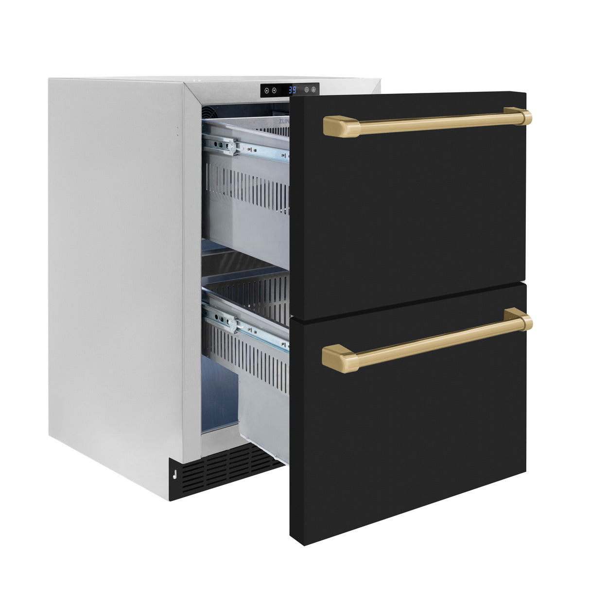 ZLINE Autograph Edition 24 in. Touchstone 168 Can Outdoor-Rated Dual Refrigerator Drawer with Black Matte Doors and Champagne Bronze Handles (RDSOZ-BLM-24-CB)
