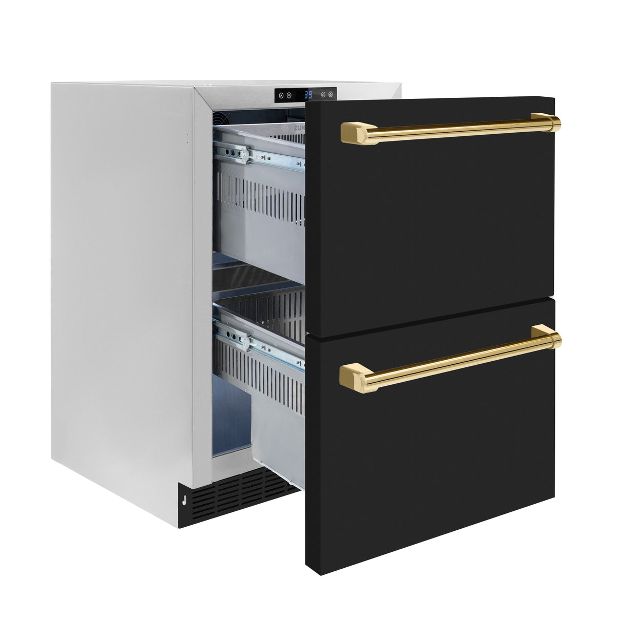 ZLINE Autograph Edition 24 in. Touchstone 168 Can Outdoor-Rated Dual Refrigerator Drawer with Black Matte Doors and Polished Gold Handles (RDSOZ-BLM-24-G)