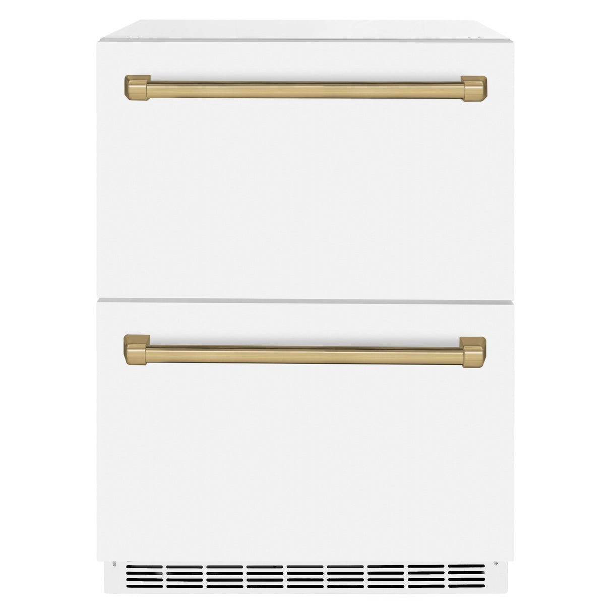 ZLINE Autograph Edition 24 in. Touchstone 168 Can Outdoor-Rated Dual Refrigerator Drawer with White Matte Doors and Champagne Bronze Handles (RDSOZ-WM-24-CB)