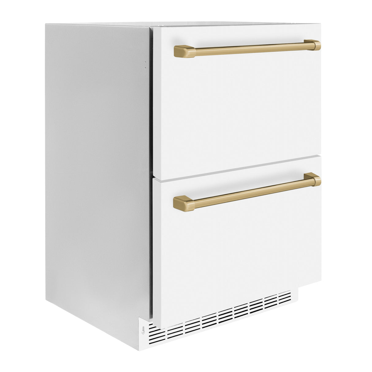 ZLINE Autograph Edition 24 in. Touchstone 168 Can Outdoor-Rated Dual Refrigerator Drawer with White Matte Doors and Champagne Bronze Handles (RDSOZ-WM-24-CB)